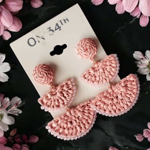 ON 34th Jewelry - On 34th Pink Woven Raffia Bohemian Style  Tiered Stud Earrings